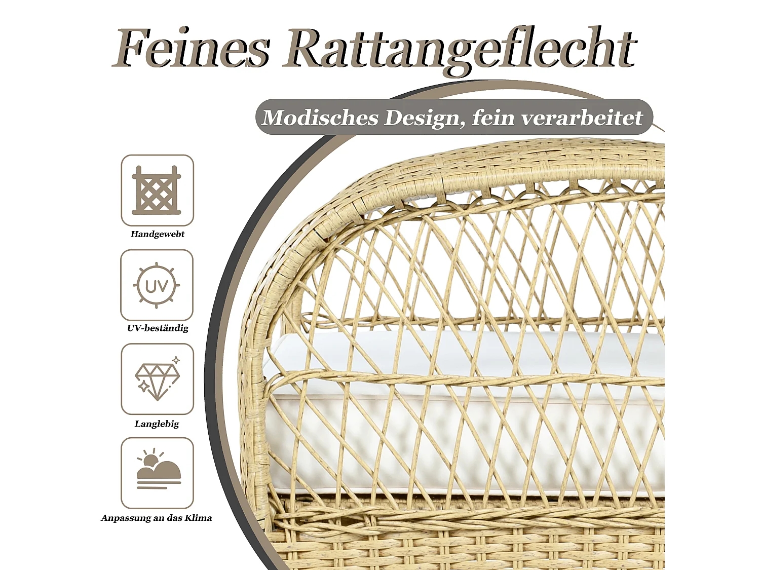 Conjunto de muebles de balcón de ratán (3 piezas) - 2 mecedoras con cojines + 1 mesa - Metal - beige