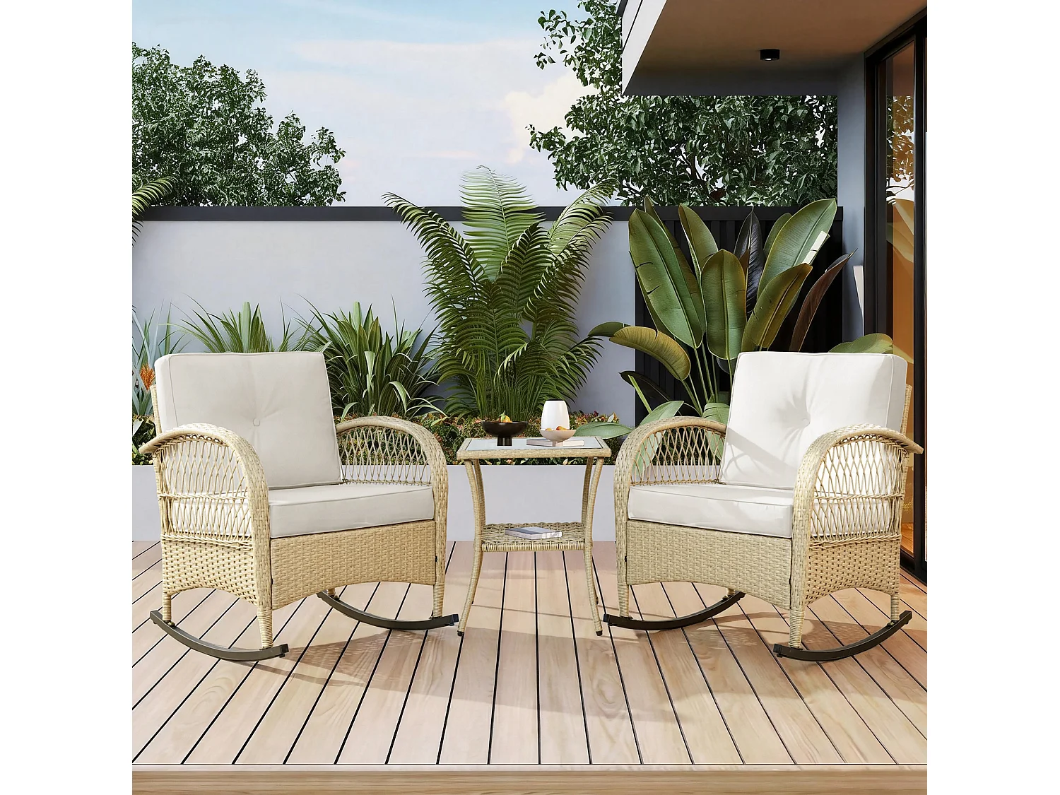 Conjunto de muebles de balcón de ratán (3 piezas) - 2 mecedoras con cojines + 1 mesa - Metal - beige