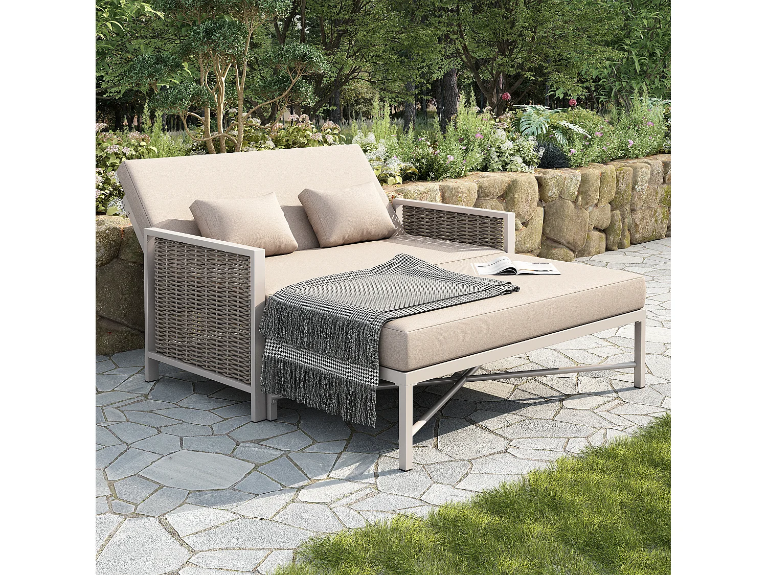 Canapé de jardin 2 places - 151.3 x 131.5 x 91 cm - canapé avec dossier réglable + repose-pieds rétractable - Polyester - beige