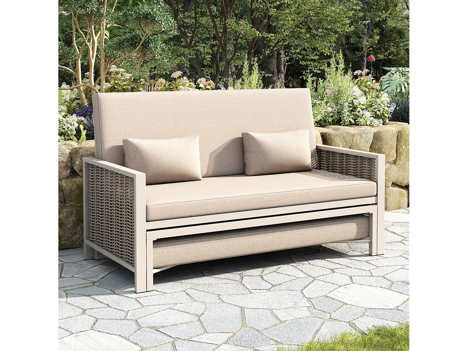 Canapé de jardin 2 places - 151.3 x 131.5 x 91 cm - canapé avec dossier réglable + repose-pieds rétractable - Polyester - beige