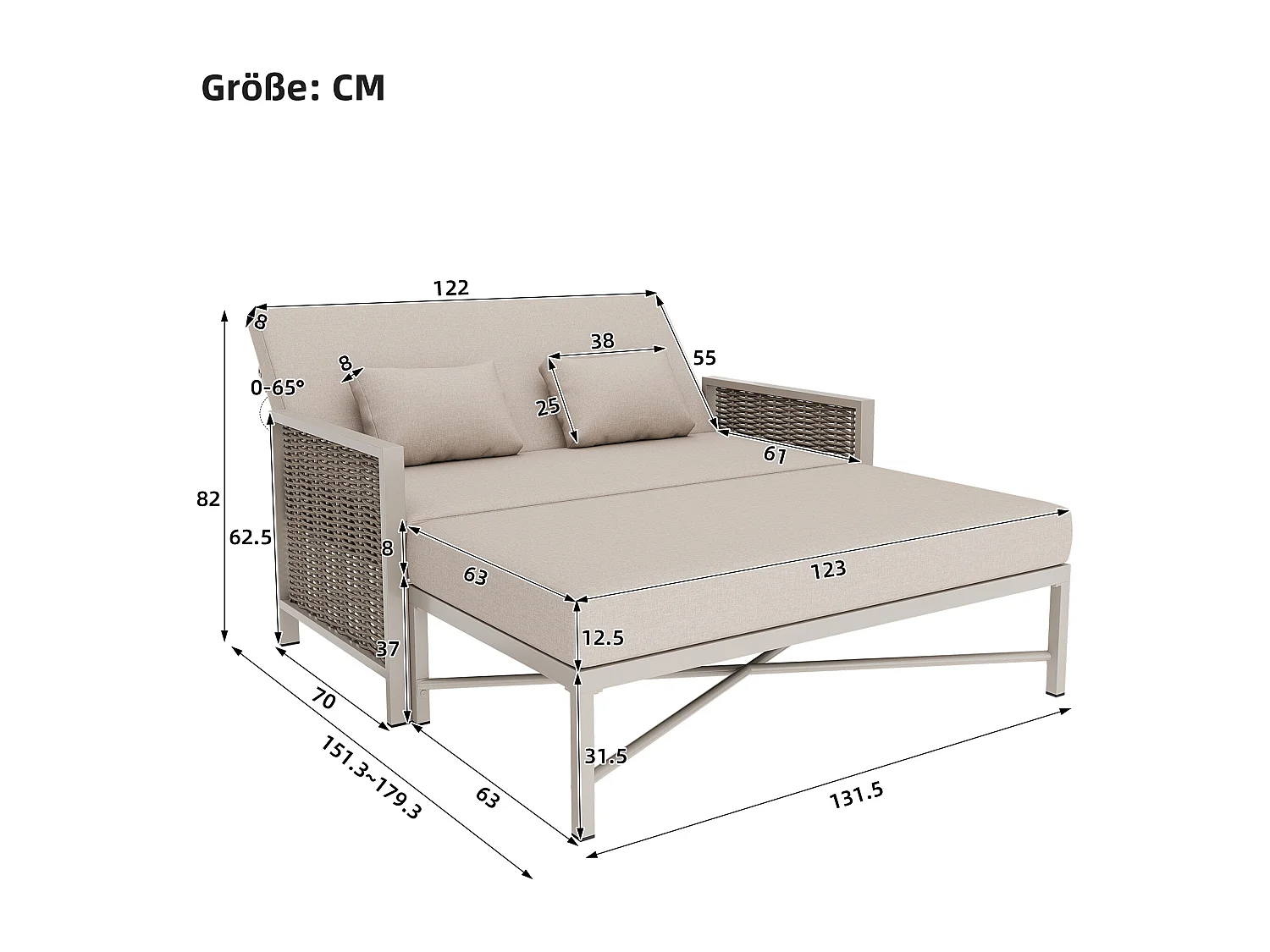 Canapé de jardin 2 places - 151.3 x 131.5 x 91 cm - canapé avec dossier réglable + repose-pieds rétractable - Polyester - beige