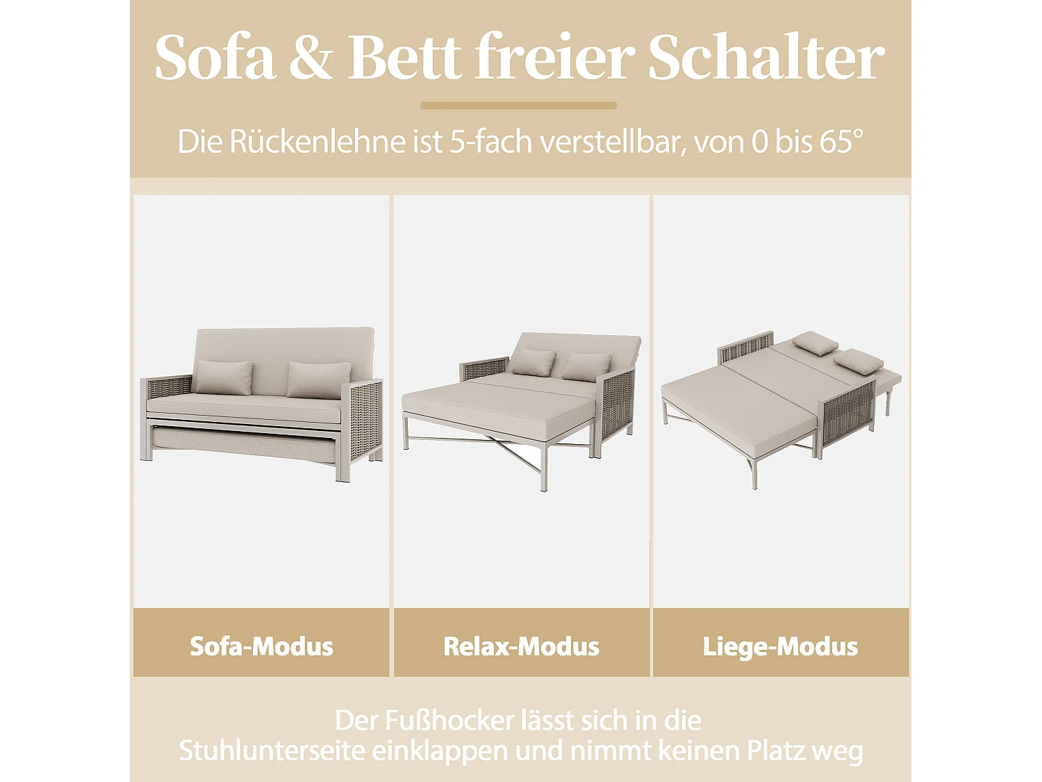 Canapé de jardin 2 places - 151.3 x 131.5 x 91 cm - canapé avec dossier réglable + repose-pieds rétractable - Polyester - beige