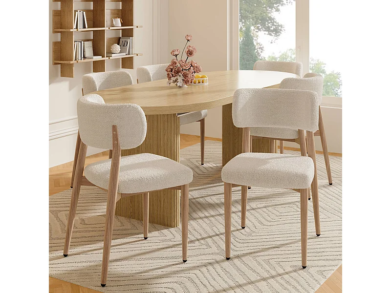 Set van 6 metalen eetkamerstoelen met houtnerfstructuur - 50 x 53 x 84 cm - moderne stijl - gekrulde afwerking - naturel