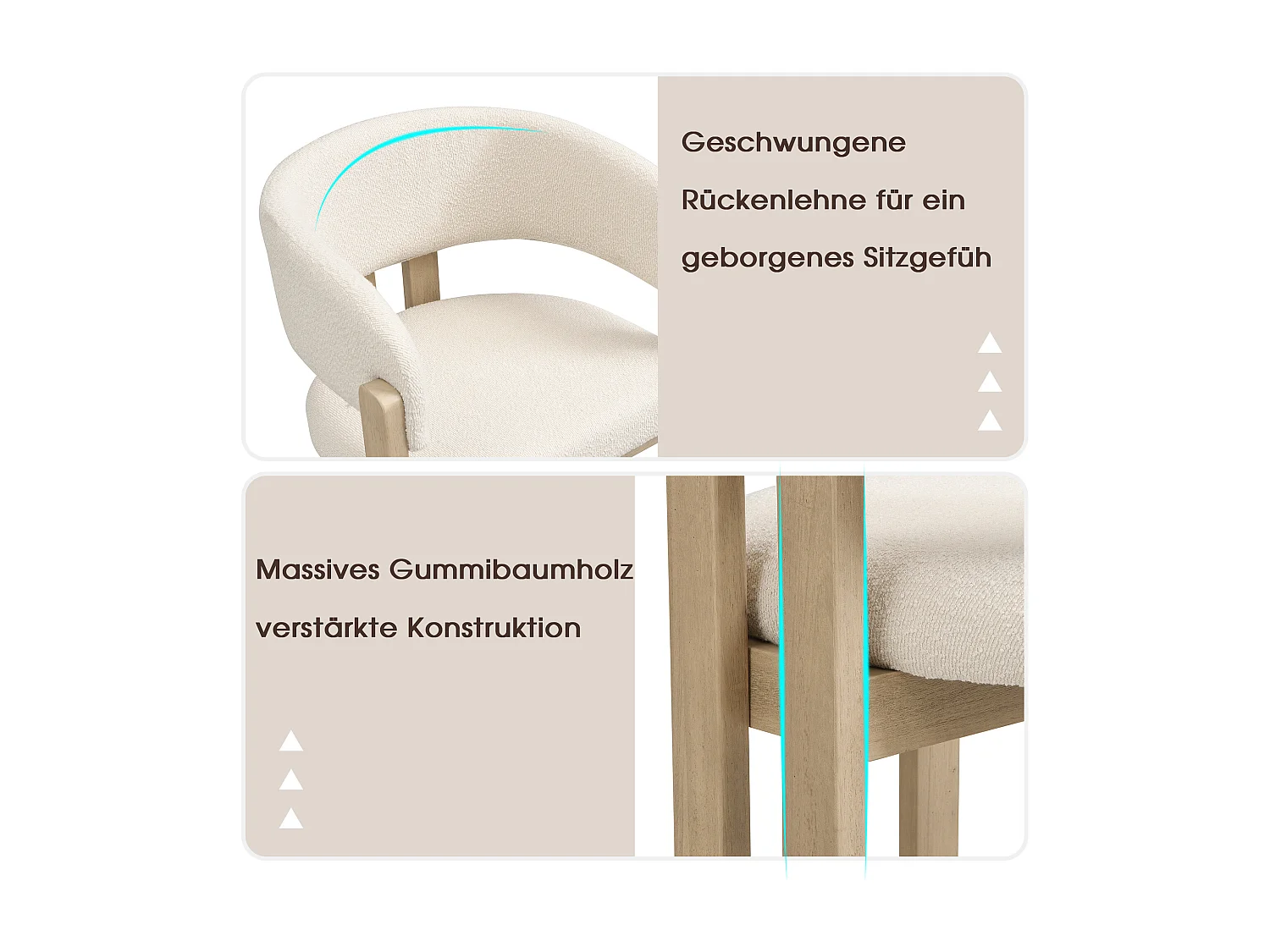 Set van 2 massief houten eetkamerstoelen - 60 x 51 x 80 cm - gebogen rugleuning - lusvormige bekleding - naturel