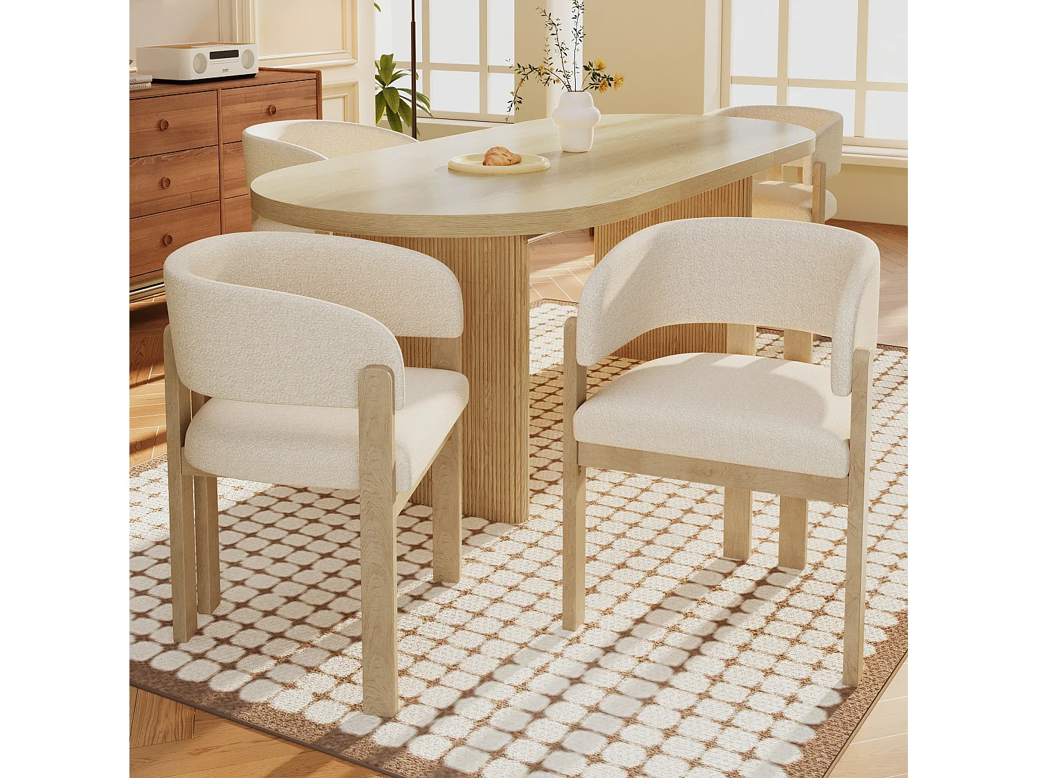 Set van 6 massief houten eetkamerstoelen - 60 x 51 x 80 cm - gebogen rugleuning - lusvormige bekleding - naturel