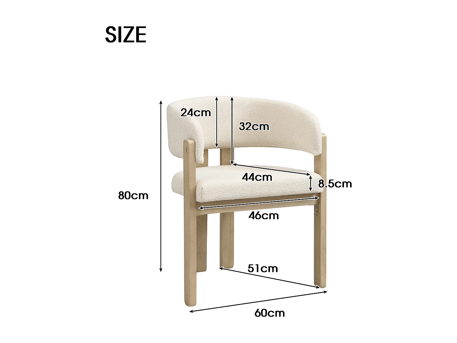 Set van 6 massief houten eetkamerstoelen - 60 x 51 x 80 cm - gebogen rugleuning - lusvormige bekleding - naturel