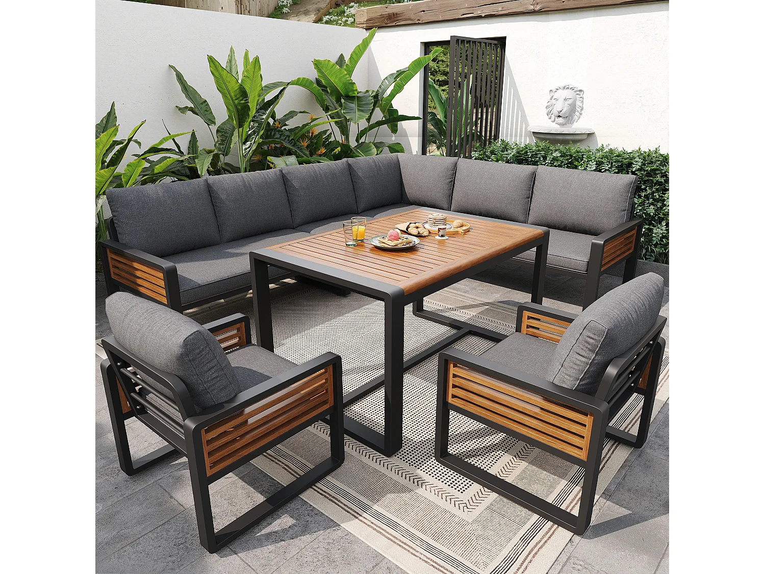 Ensemble salon de jardin 8 places - avec 3 canapés + 2 fauteuils + 1 table - coussins d'assise et de dossier inclus - métal - gris