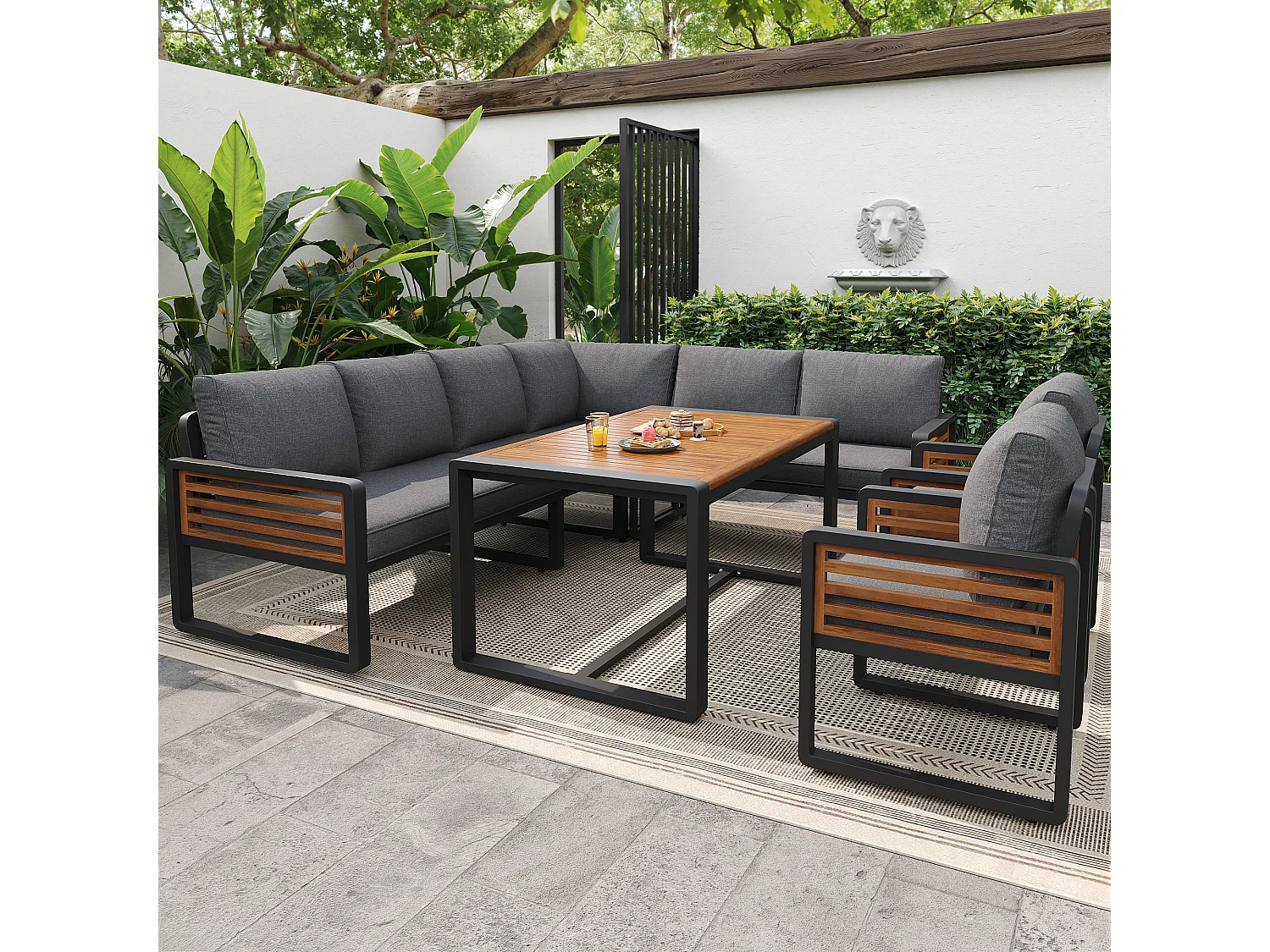 Ensemble salon de jardin 8 places - avec 3 canapés + 2 fauteuils + 1 table - coussins d'assise et de dossier inclus - métal - gris