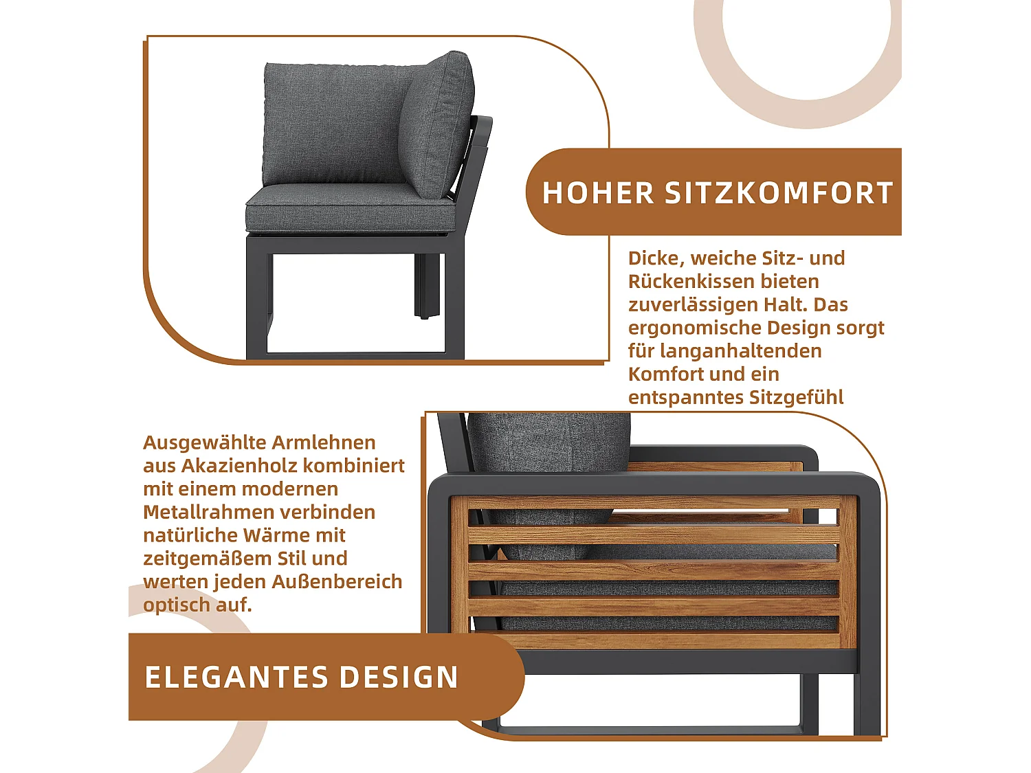 Ensemble salon de jardin 8 places - avec 3 canapés + 2 fauteuils + 1 table - coussins d'assise et de dossier inclus - métal - gris