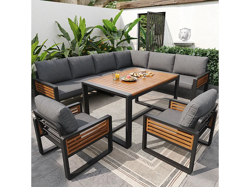 Ensemble salon de jardin 8 places - avec 3 canapés + 2 fauteuils + 1 table - coussins d'assise et de dossier inclus - métal - gris