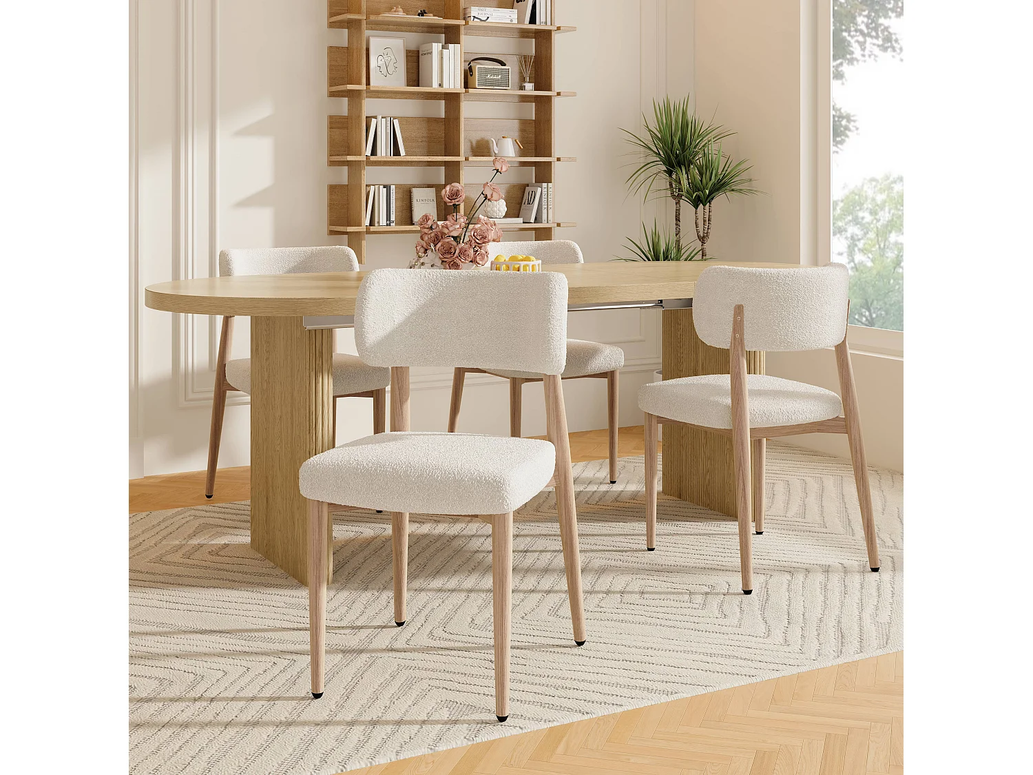 Set van 4 metalen eetkamerstoelen met houtnerfstructuur - 50 x 53 x 84 cm - moderne stijl - gekrulde afwerking - naturel