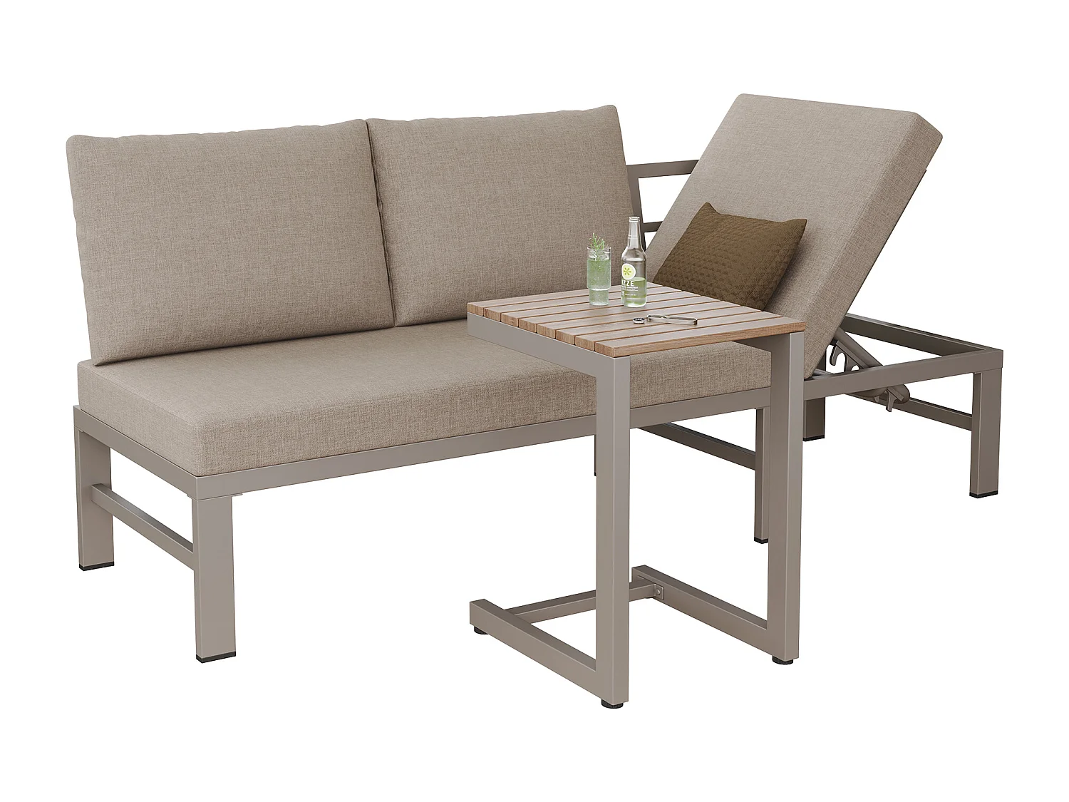 Ensemble de mobilier de jardin - 173 x 69 x 82 cm - canapé 3 places inclinable réglable + table - métal + Polyester - kaki