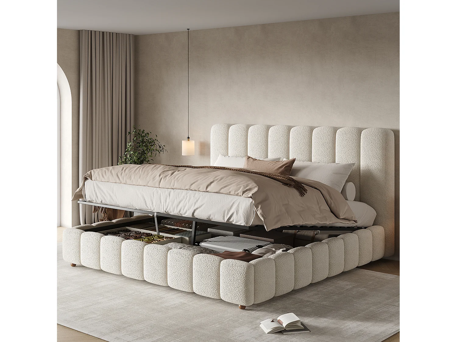 Lit coffre double rembourré - 160 x 200 cm - avec rangement hydraulique + tête de lit + sommier à lattes - bouclé - blanc