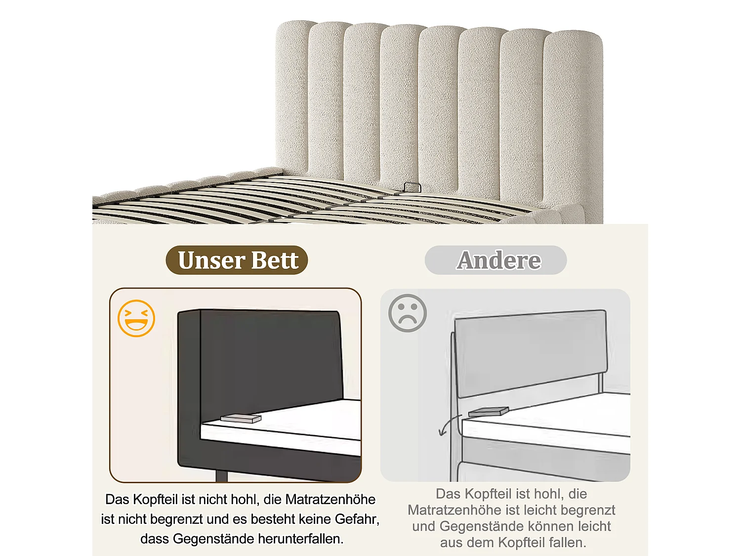 Lit coffre double rembourré - 160 x 200 cm - avec rangement hydraulique + tête de lit + sommier à lattes - bouclé - blanc