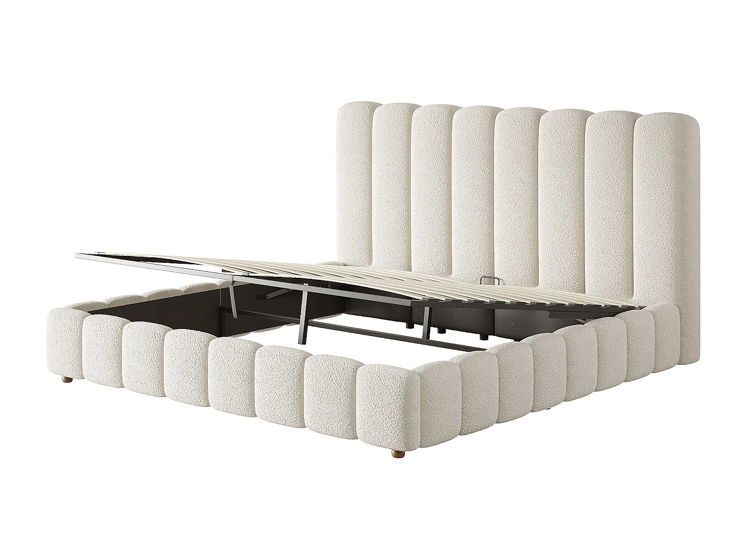 Lit coffre double rembourré - 160 x 200 cm - avec rangement hydraulique + tête de lit + sommier à lattes - bouclé - blanc