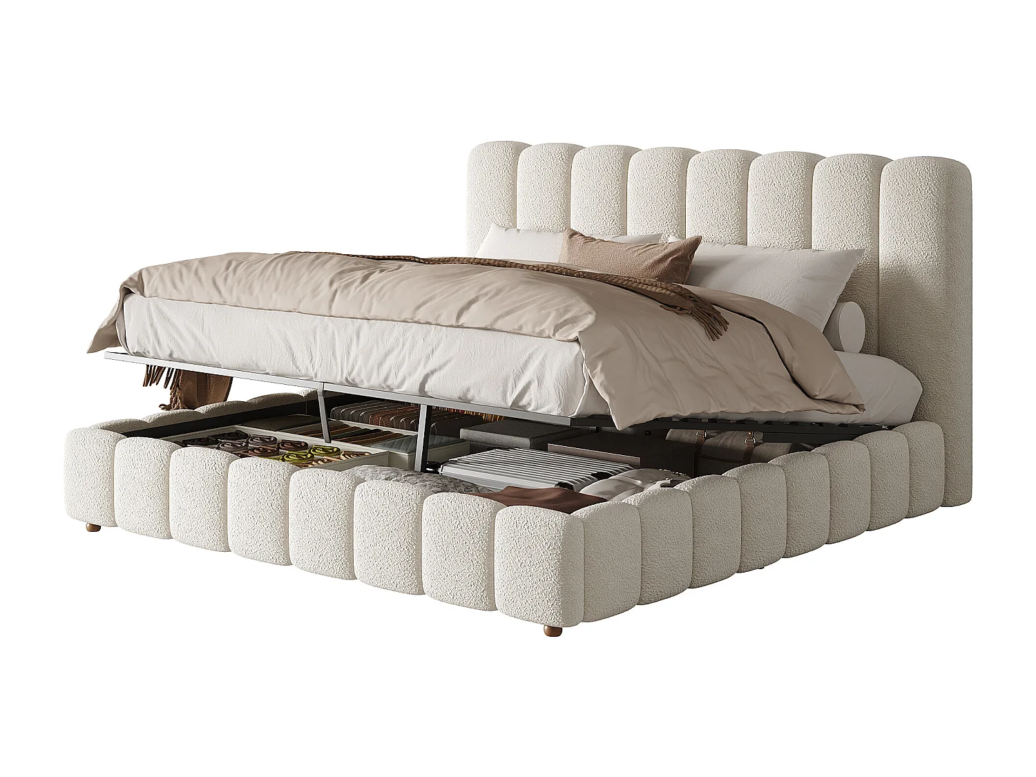 Lit coffre double rembourré - 160 x 200 cm - avec rangement hydraulique + tête de lit + sommier à lattes - bouclé - blanc