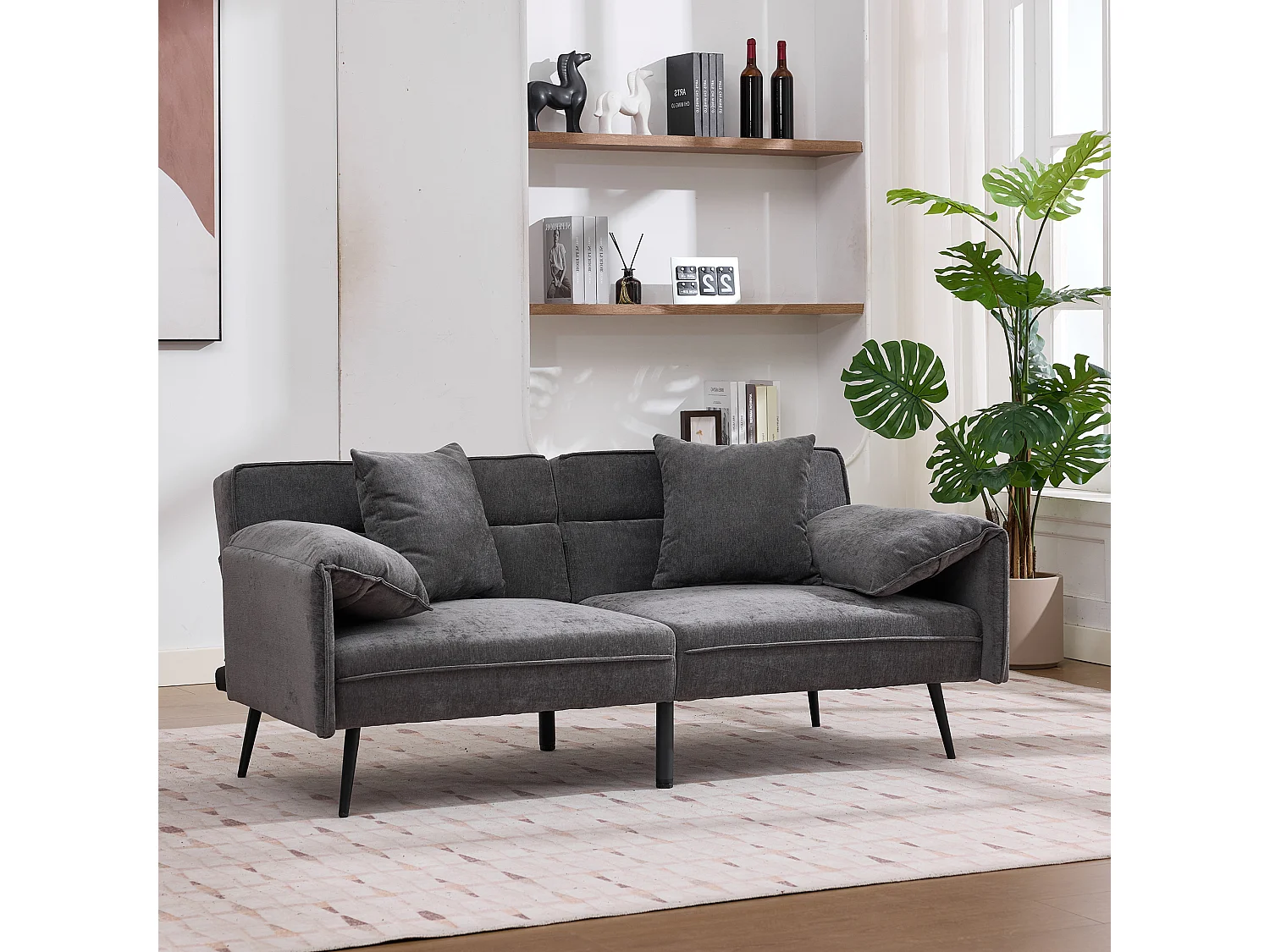 Tweezits slaapbank - 167,5 x 73 x 70 cm - Verstelbare rugleuning in 3 standen (100°–180°) - Stof - grijs