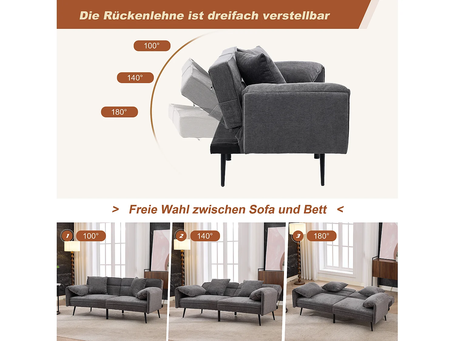 Tweezits slaapbank - 167,5 x 73 x 70 cm - Verstelbare rugleuning in 3 standen (100°–180°) - Stof - grijs