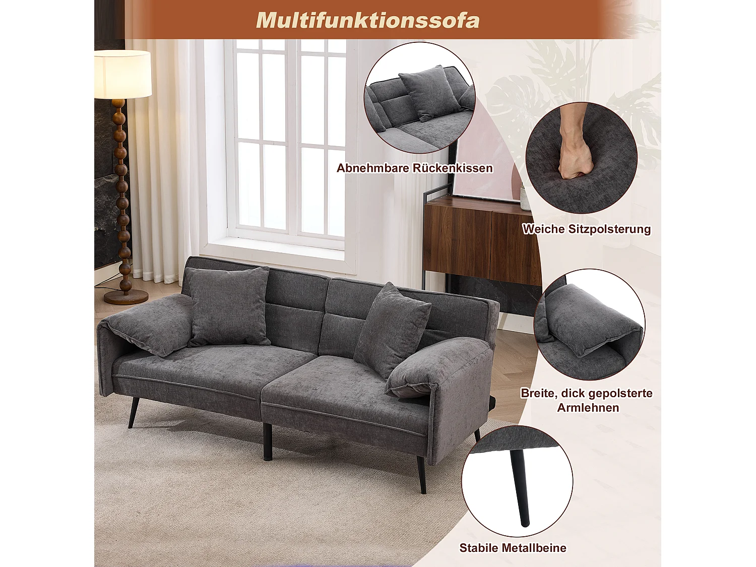 Tweezits slaapbank - 167,5 x 73 x 70 cm - Verstelbare rugleuning in 3 standen (100°–180°) - Stof - grijs