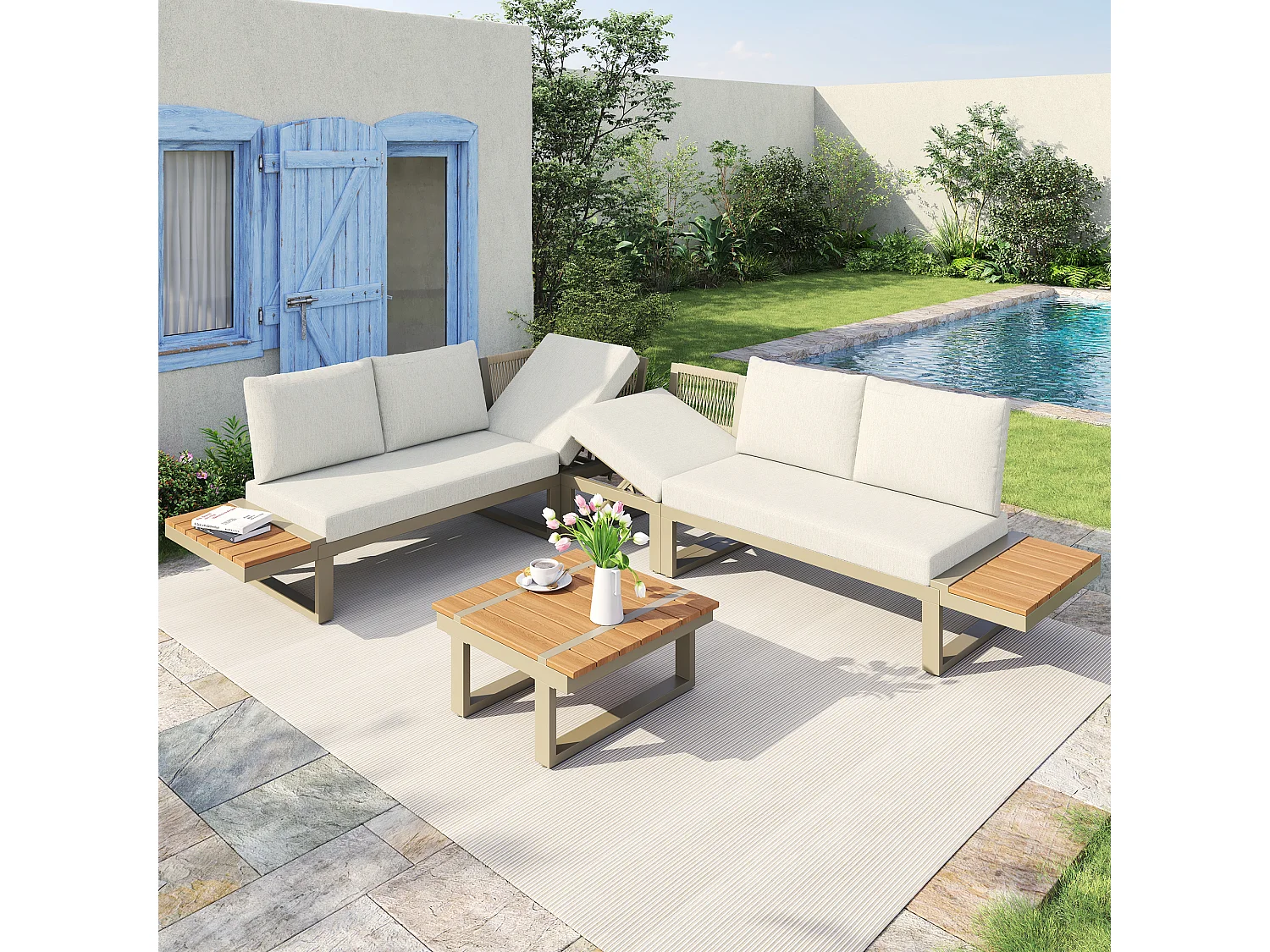 Ensemble de mobilier de jardin 5 places - convertible en 2 lits - avec table + étagères de rangement - métal - beige