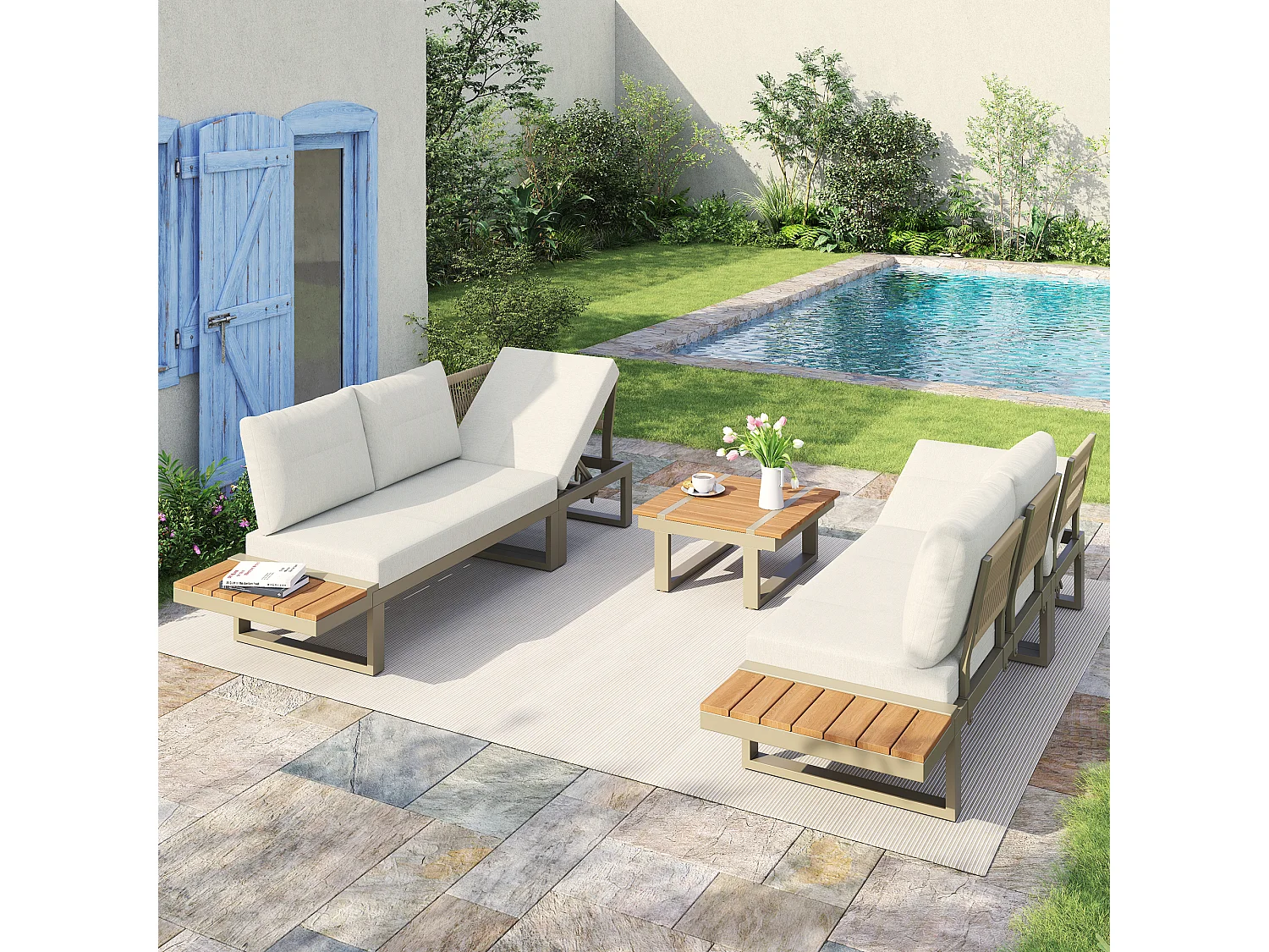 Ensemble de mobilier de jardin 5 places - convertible en 2 lits - avec table + étagères de rangement - métal - beige