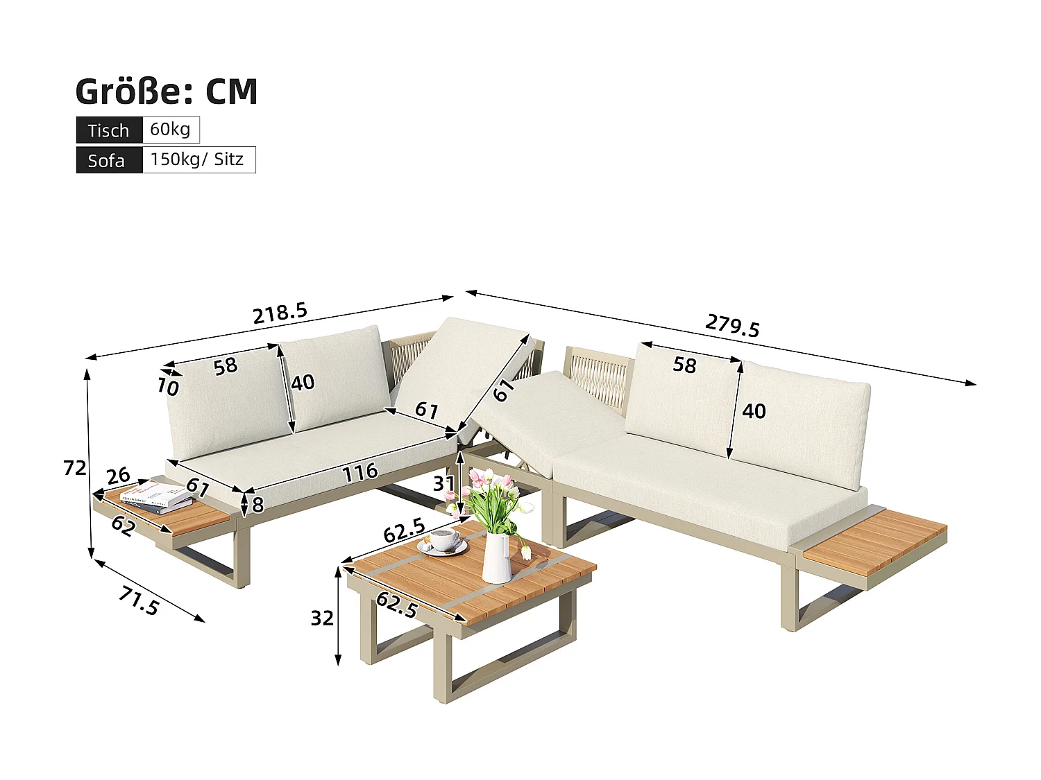 Ensemble de mobilier de jardin 5 places - convertible en 2 lits - avec table + étagères de rangement - métal - beige