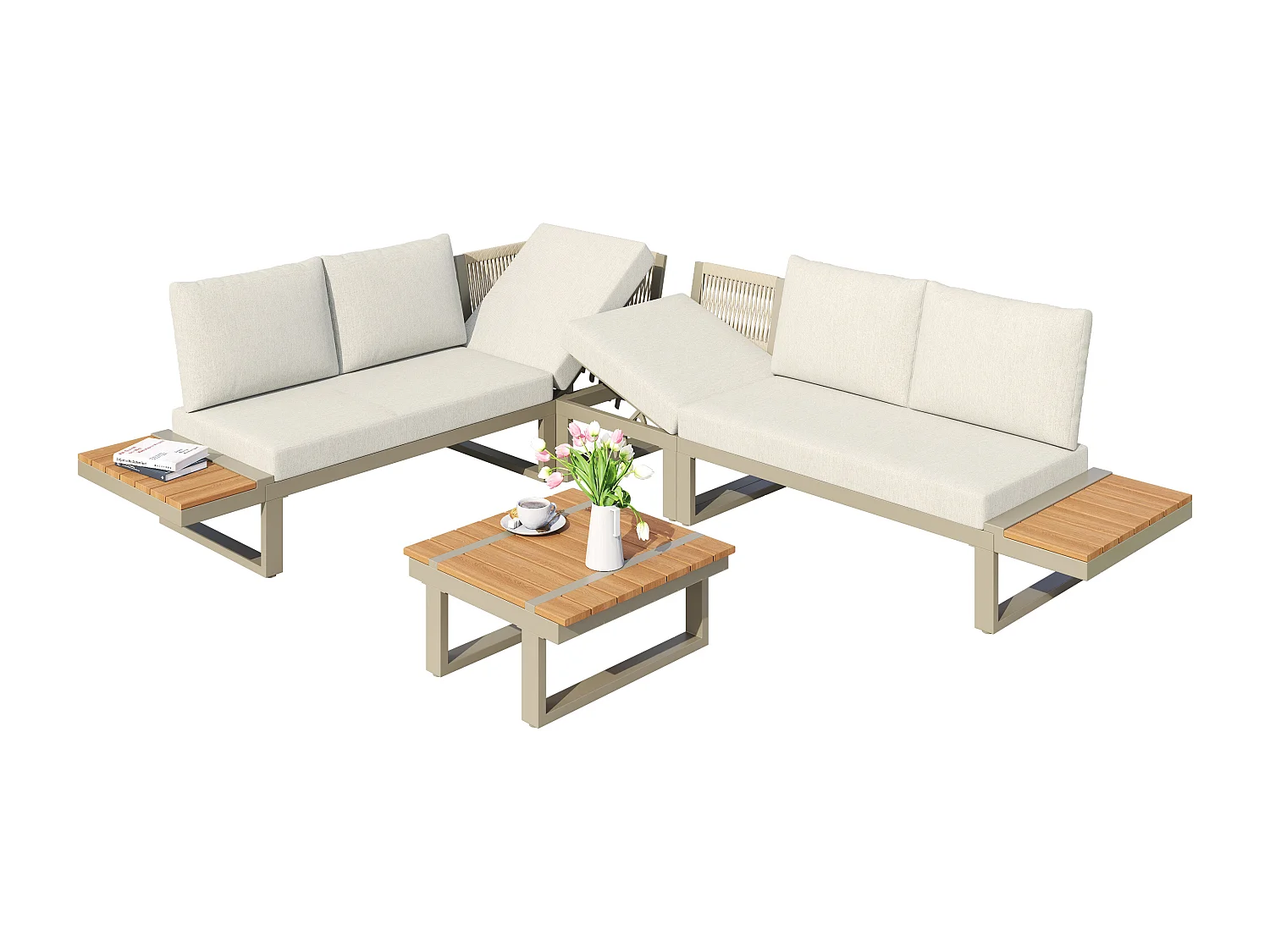 Ensemble de mobilier de jardin 5 places - convertible en 2 lits - avec table + étagères de rangement - métal - beige