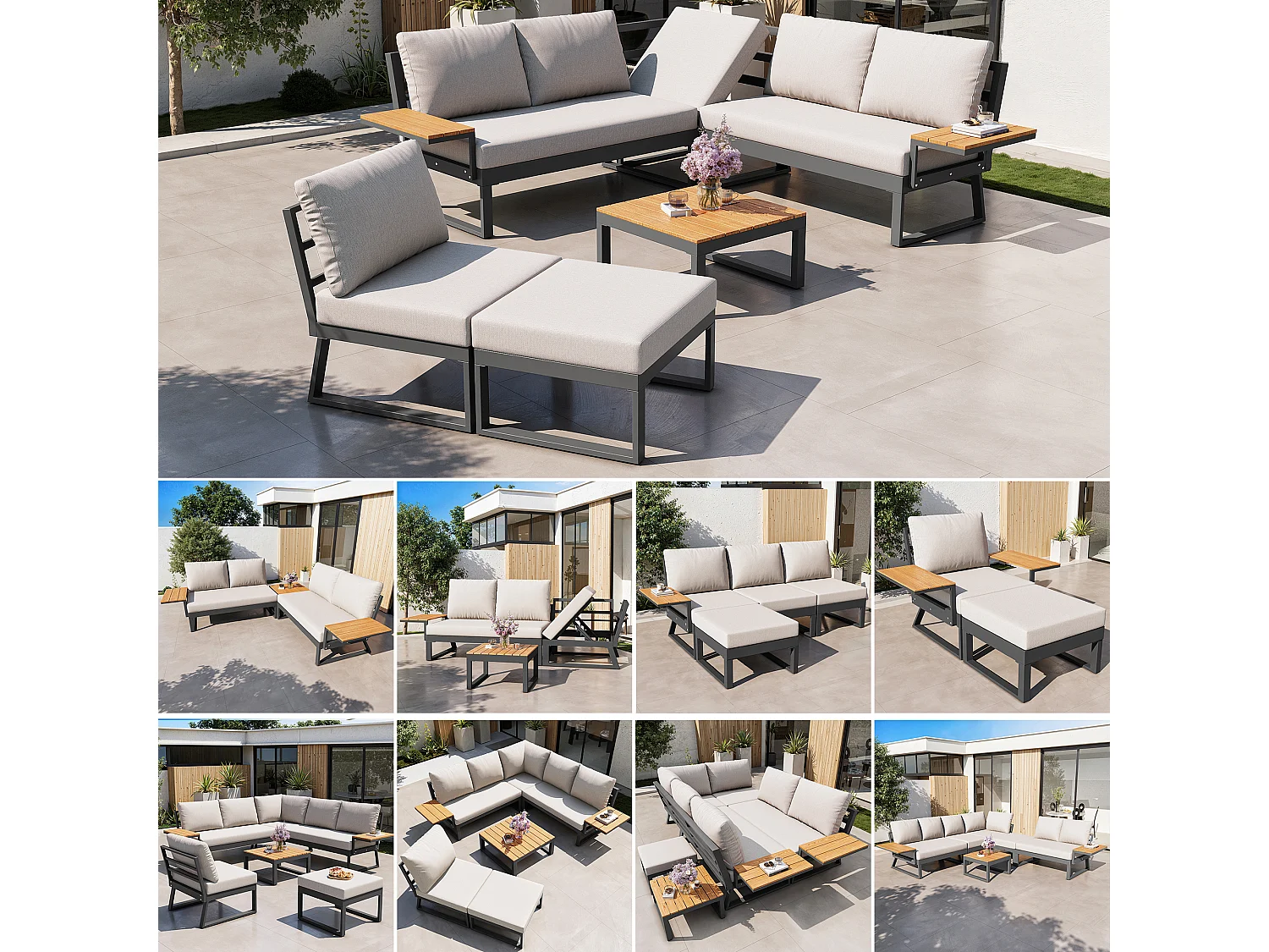 Ensemble salon de jardin 7 places - avec canapé inclinable réglable + fauteuils + table + pouf - métal - beige