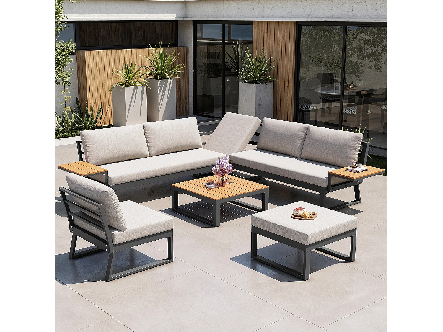 Ensemble salon de jardin 7 places - avec canapé inclinable réglable + fauteuils + table + pouf - métal - beige