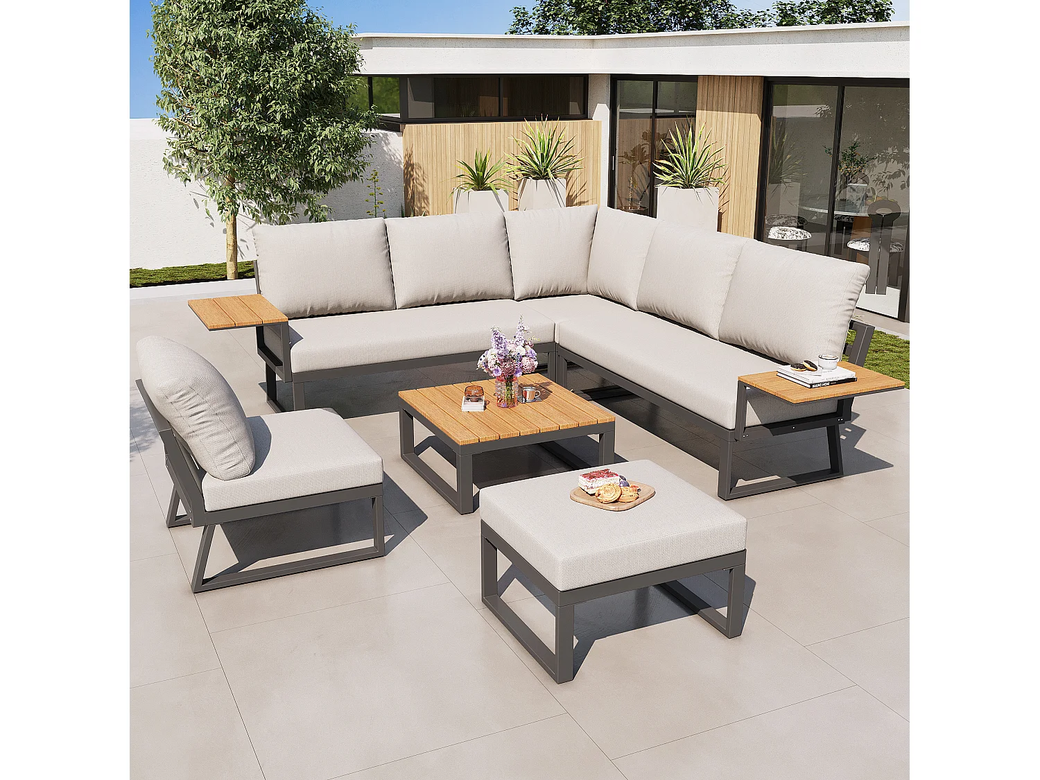 Ensemble salon de jardin 7 places - avec canapé inclinable réglable + fauteuils + table + pouf - métal - beige