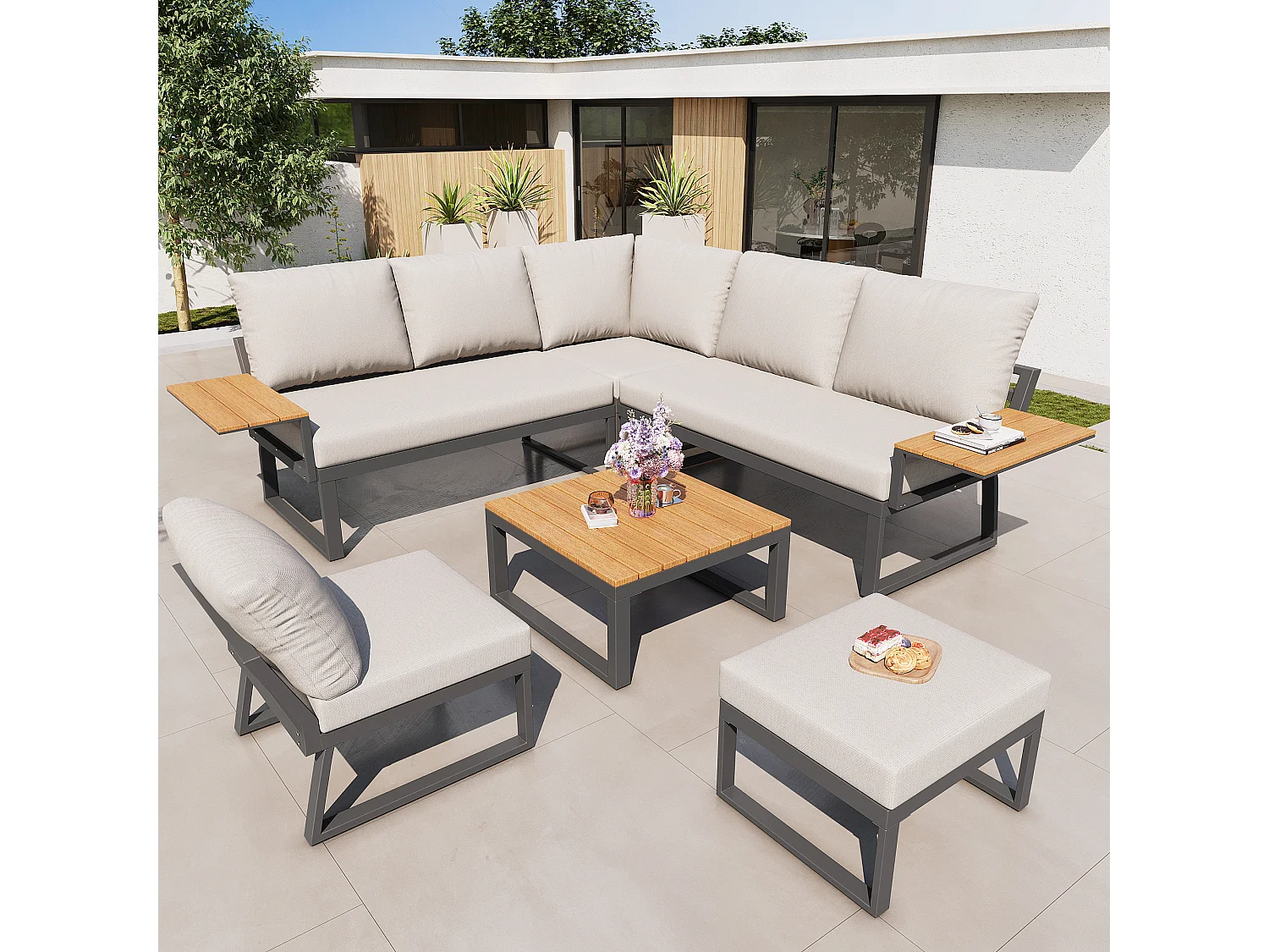 Ensemble salon de jardin 7 places - avec canapé inclinable réglable + fauteuils + table + pouf - métal - beige