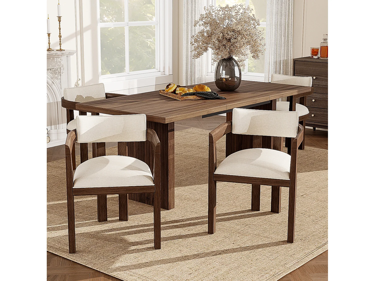 Set van 4 massief houten eetkamerstoelen - 57,5 x 60,5 x 78,5 cm - moderne stijl - linnen - bruin