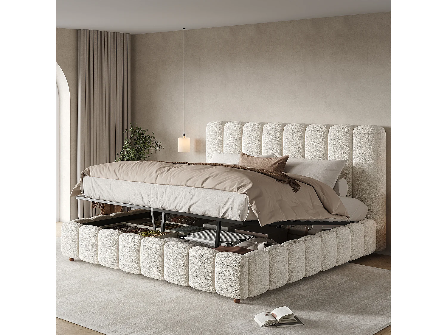 Lit coffre double rembourré - 200 x 200 cm - avec rangement hydraulique + tête de lit + sommier à lattes - bouclé - blanc