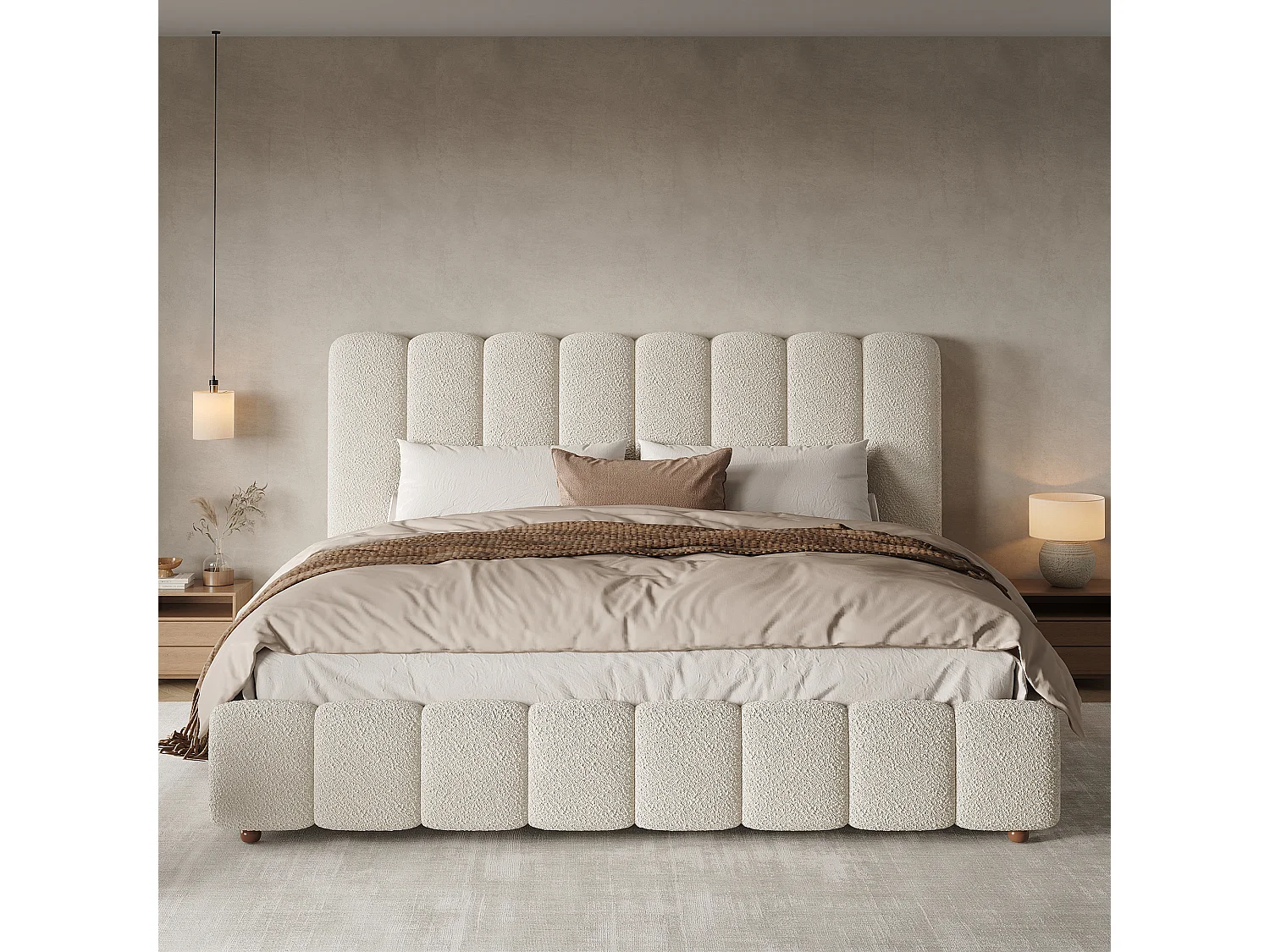 Lit coffre double rembourré - 200 x 200 cm - avec rangement hydraulique + tête de lit + sommier à lattes - bouclé - blanc