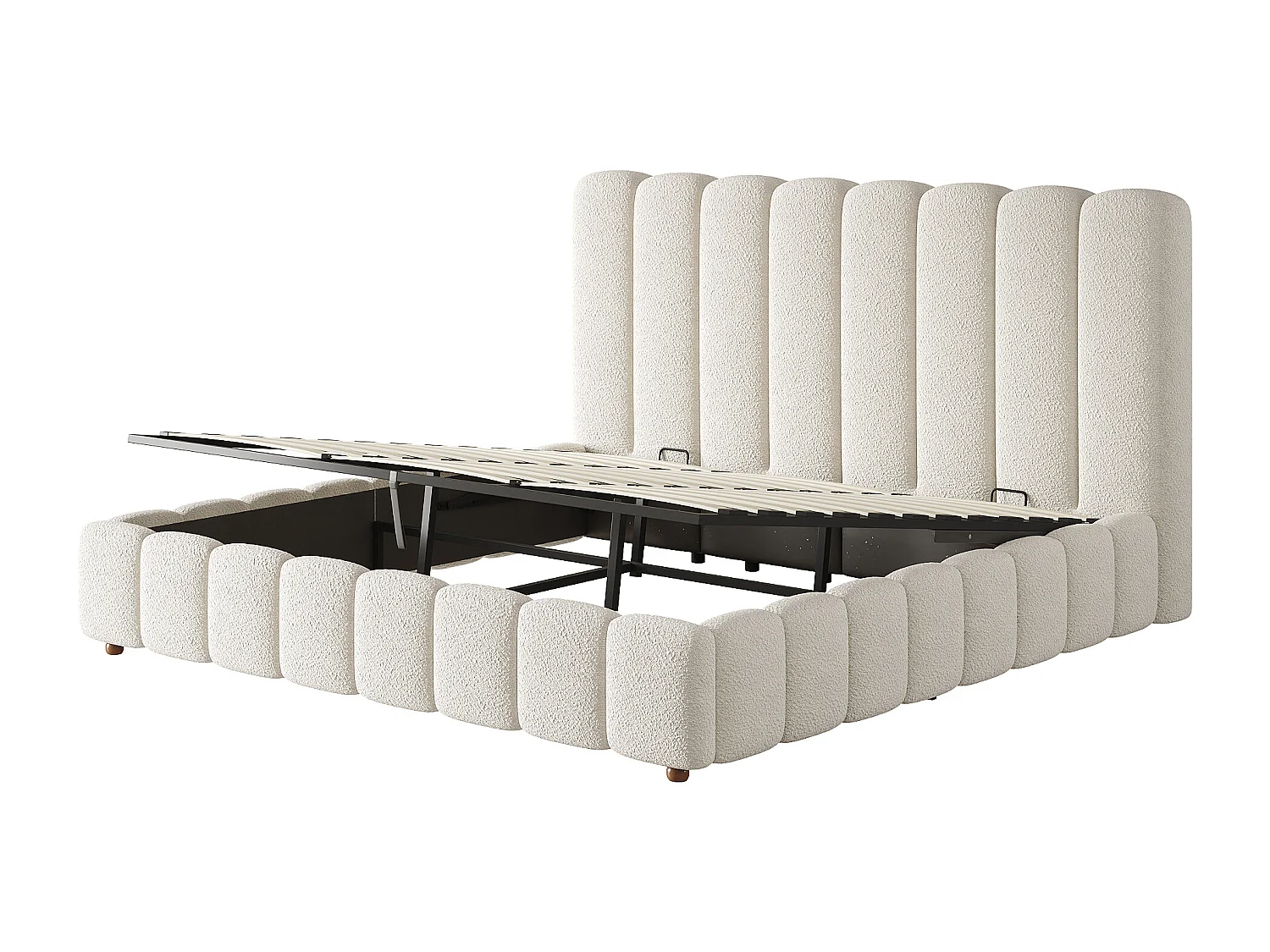 Lit coffre double rembourré - 200 x 200 cm - avec rangement hydraulique + tête de lit + sommier à lattes - bouclé - blanc