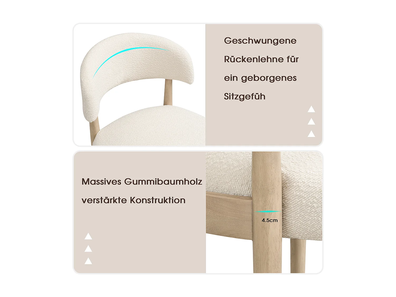 Set van 6 massief houten eetkamerstoelen - 58 x 58 x 78 cm - moderne stijl - ademend - gekrulde afwerking - naturel