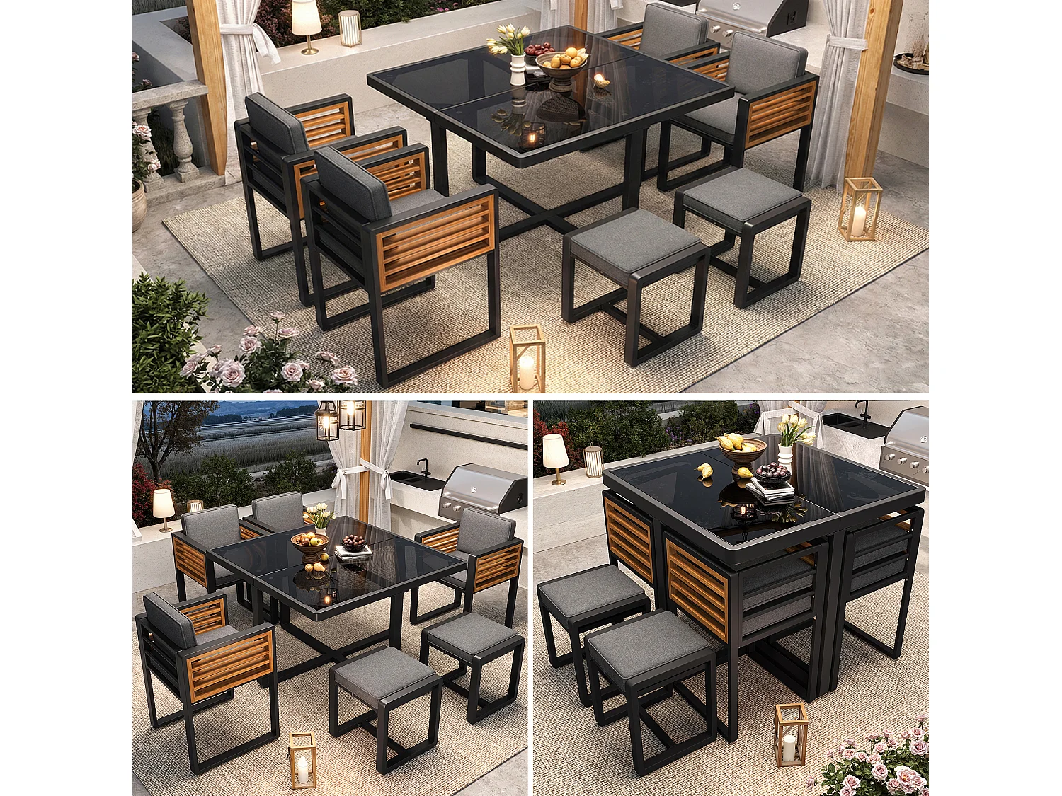 Ensemble salon de jardin 6 places - avec 4 chaises + 2 Tabourets + table - plateau de table en verre - verre + métal - gris