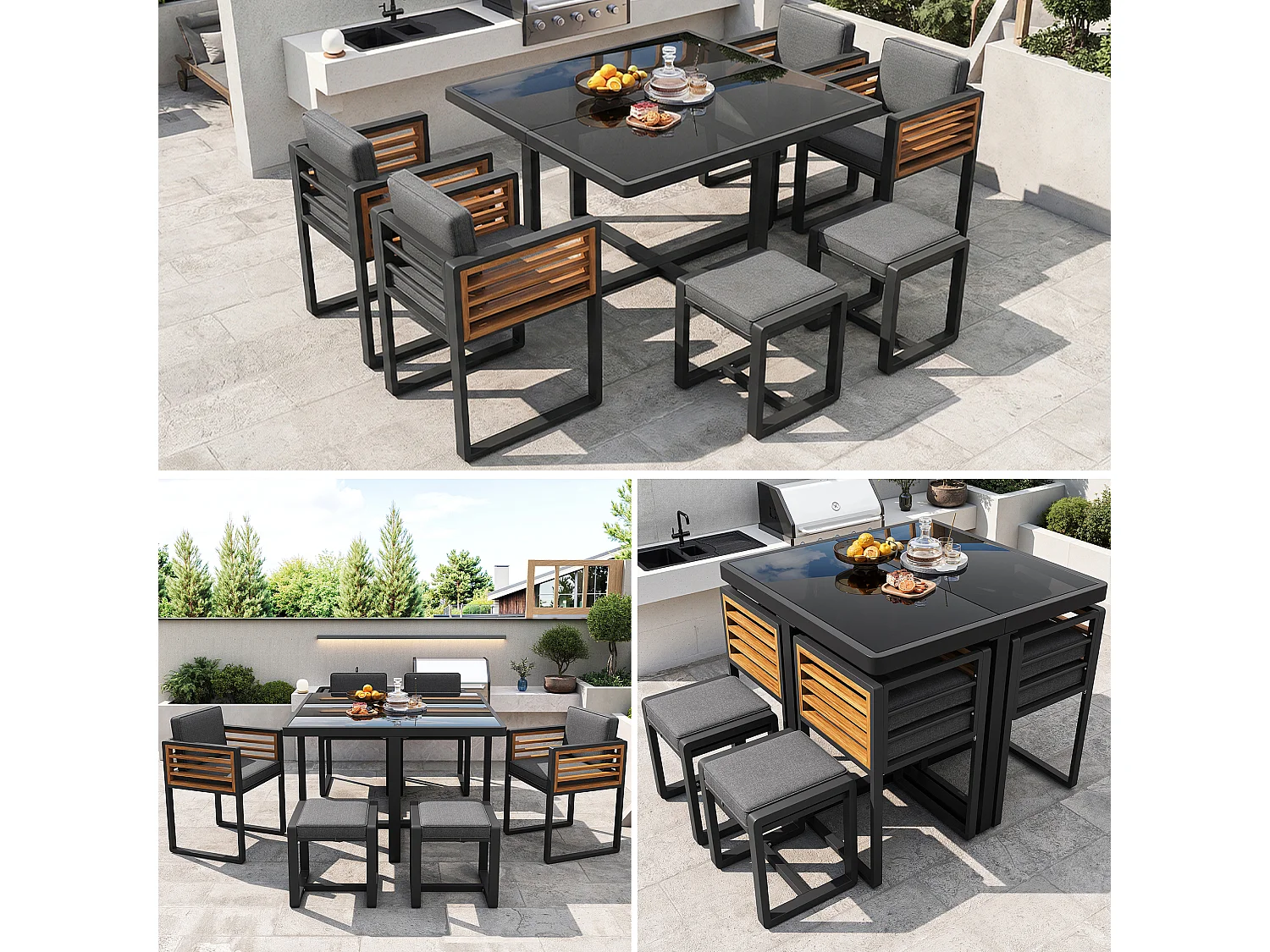 Ensemble salon de jardin 6 places - avec 4 chaises + 2 Tabourets + table - plateau de table en verre - verre + métal - gris