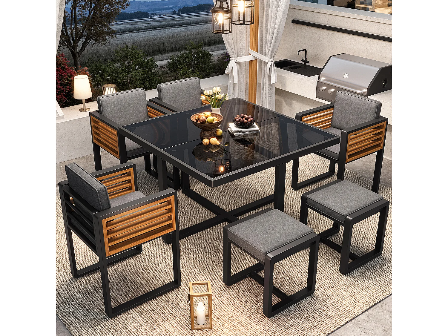 Ensemble salon de jardin 6 places - avec 4 chaises + 2 Tabourets + table - plateau de table en verre - verre + métal - gris