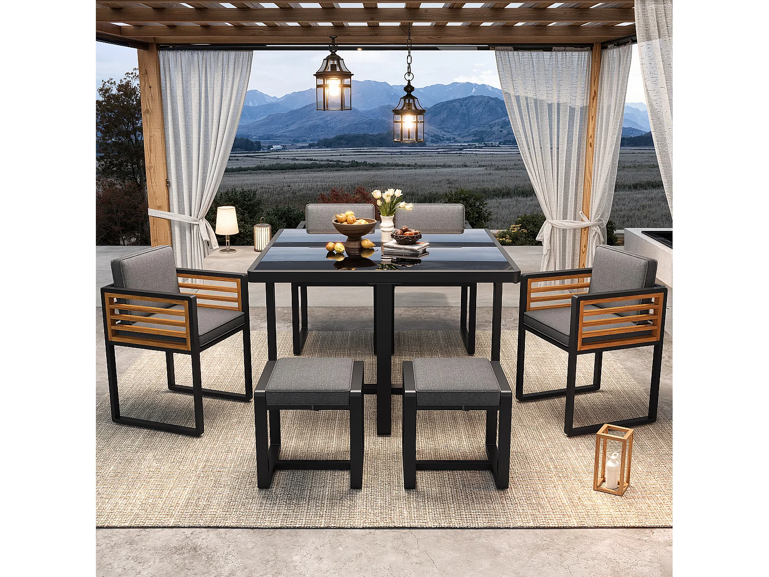 Ensemble salon de jardin 6 places - avec 4 chaises + 2 Tabourets + table - plateau de table en verre - verre + métal - gris