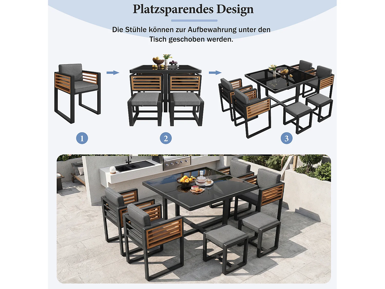 Ensemble salon de jardin 6 places - avec 4 chaises + 2 Tabourets + table - plateau de table en verre - verre + métal - gris