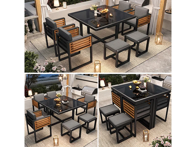 Ensemble salon de jardin 6 places - avec 4 chaises + 2 Tabourets + table - plateau de table en verre - verre + métal - gris