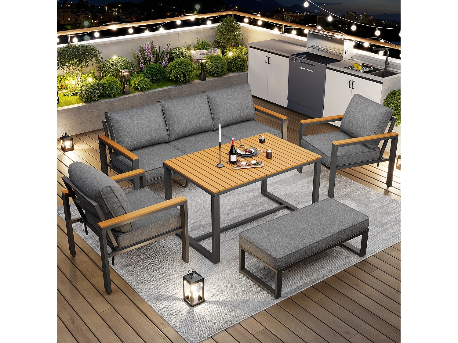 Gartenmöbelset für 6-7 Personen – bestehend aus 3-Sitzer-Sofa, 2 Sesseln, Tisch und Bank – verzinktes Eisengestell – Metall – grau