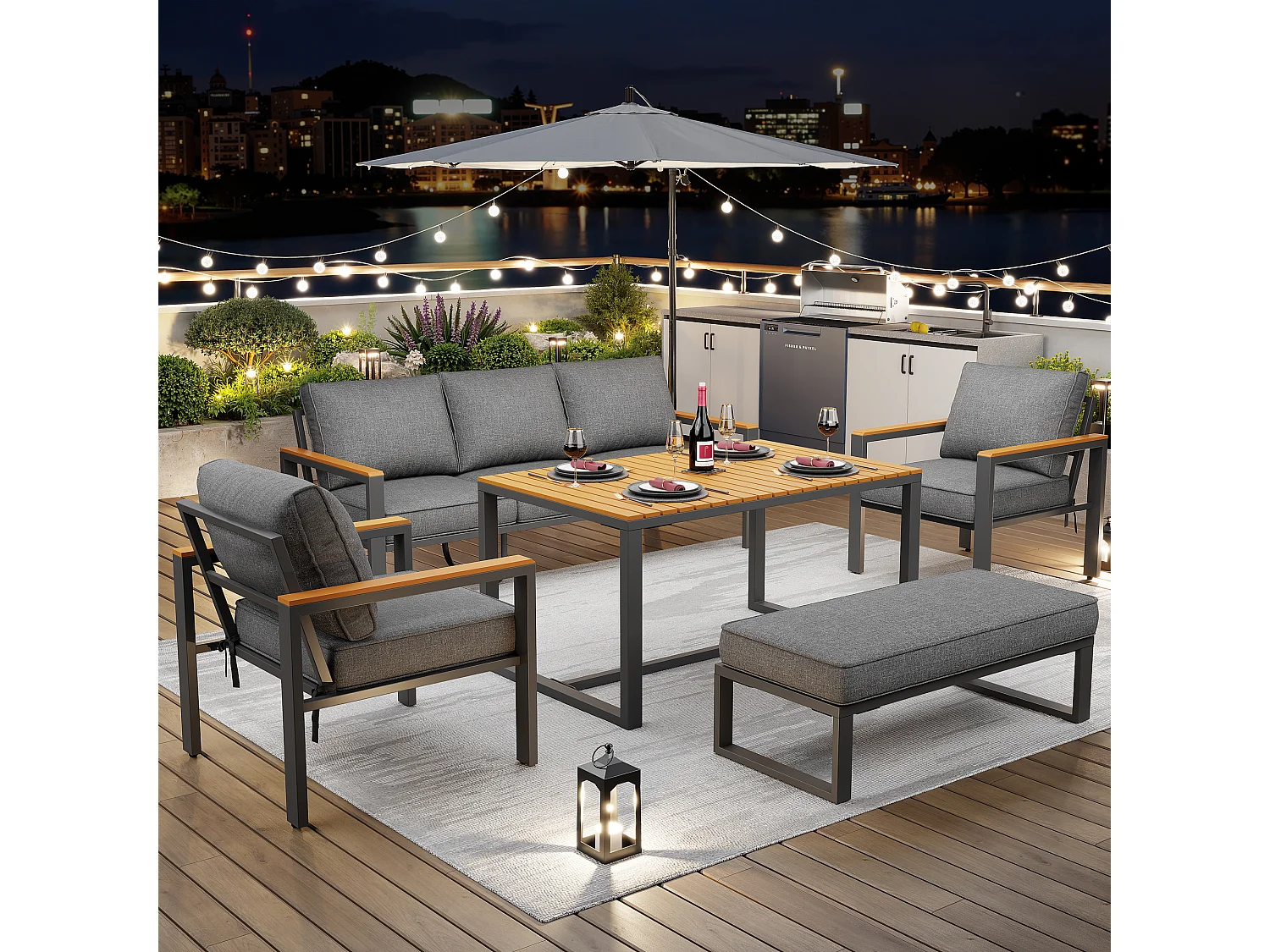 Gartenmöbelset für 6-7 Personen – bestehend aus 3-Sitzer-Sofa, 2 Sesseln, Tisch und Bank – verzinktes Eisengestell – Metall – grau