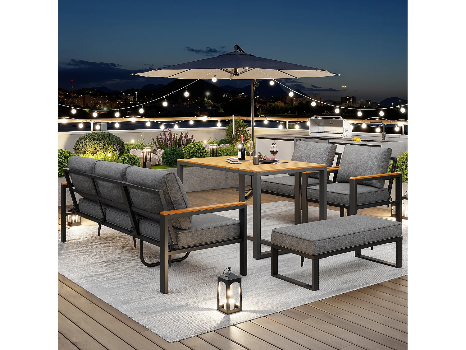 Gartenmöbelset für 6-7 Personen – bestehend aus 3-Sitzer-Sofa, 2 Sesseln, Tisch und Bank – verzinktes Eisengestell – Metall – grau