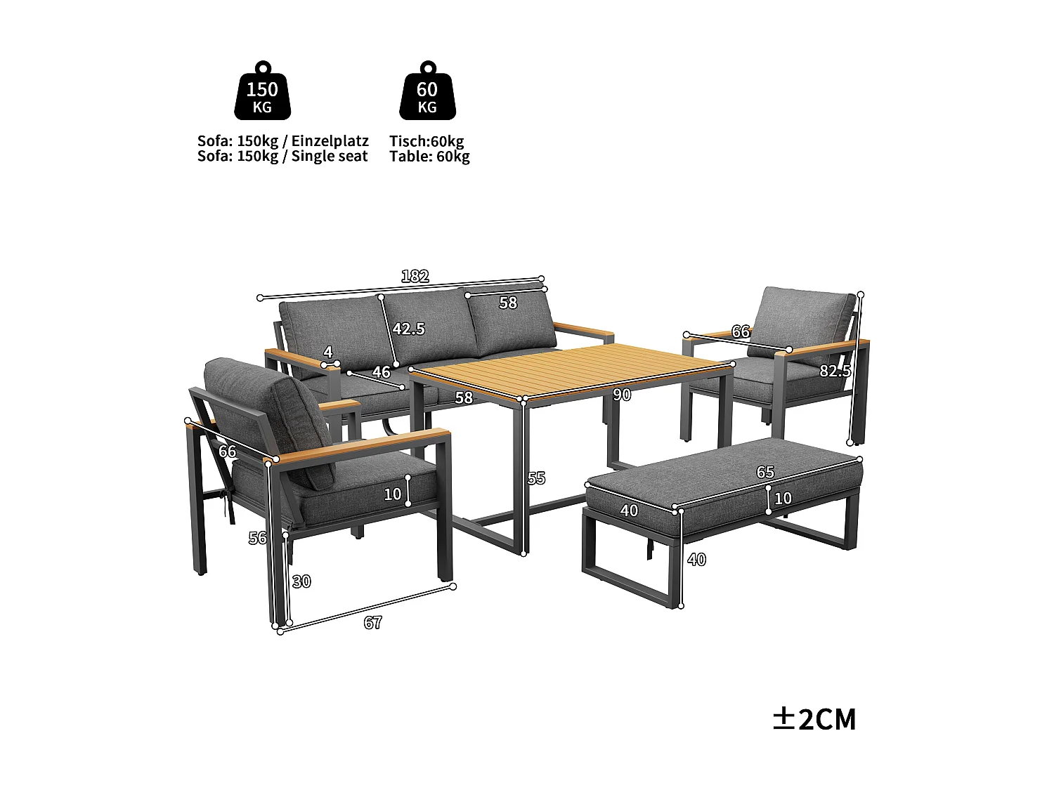 Gartenmöbelset für 6-7 Personen – bestehend aus 3-Sitzer-Sofa, 2 Sesseln, Tisch und Bank – verzinktes Eisengestell – Metall – grau
