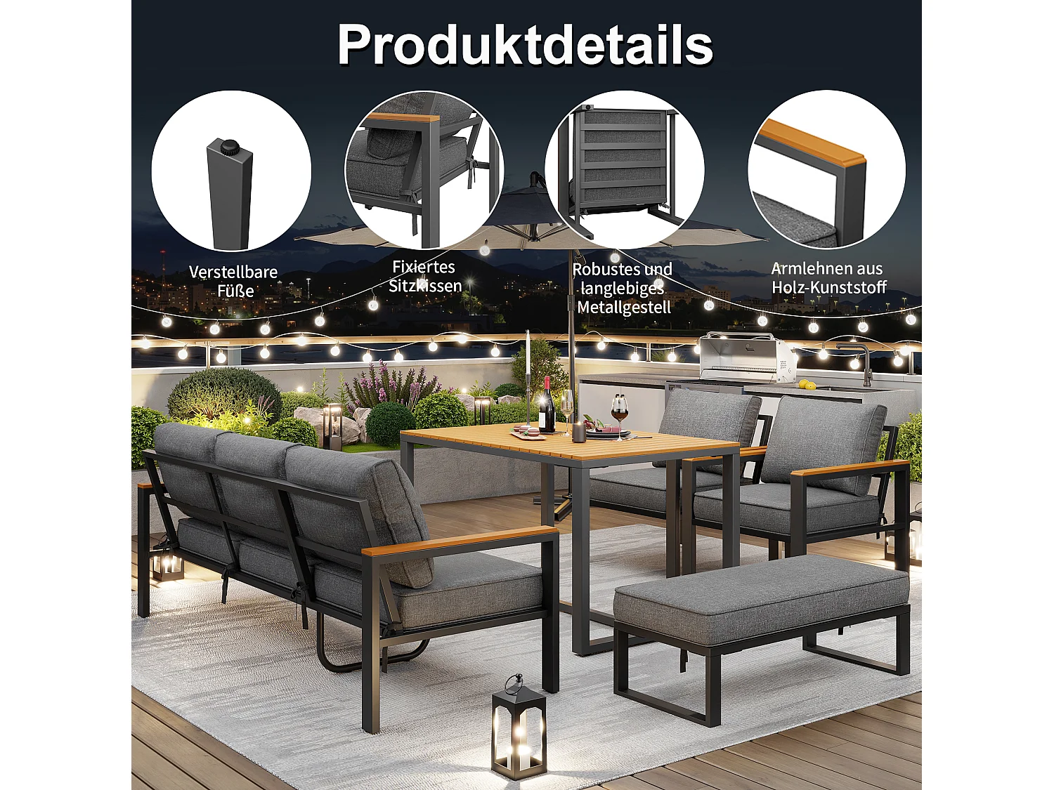 Gartenmöbelset für 6-7 Personen – bestehend aus 3-Sitzer-Sofa, 2 Sesseln, Tisch und Bank – verzinktes Eisengestell – Metall – grau