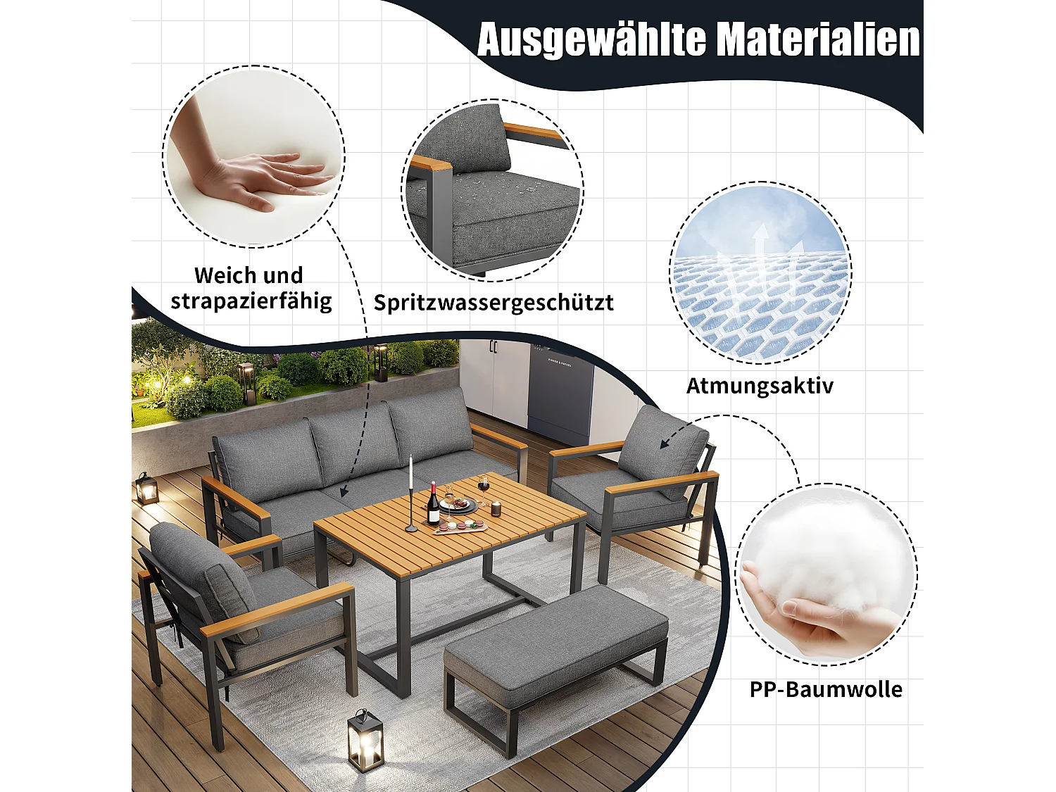Gartenmöbelset für 6-7 Personen – bestehend aus 3-Sitzer-Sofa, 2 Sesseln, Tisch und Bank – verzinktes Eisengestell – Metall – grau