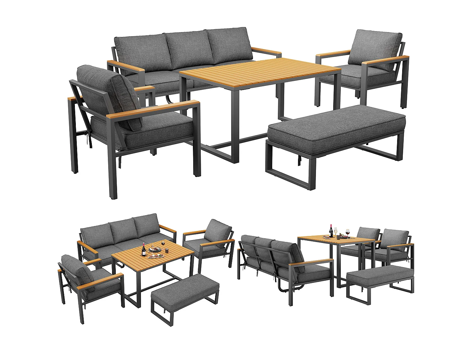 Gartenmöbelset für 6-7 Personen – bestehend aus 3-Sitzer-Sofa, 2 Sesseln, Tisch und Bank – verzinktes Eisengestell – Metall – grau