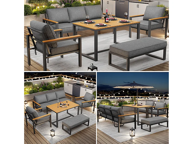 Gartenmöbelset für 6-7 Personen – bestehend aus 3-Sitzer-Sofa, 2 Sesseln, Tisch und Bank – verzinktes Eisengestell – Metall – grau